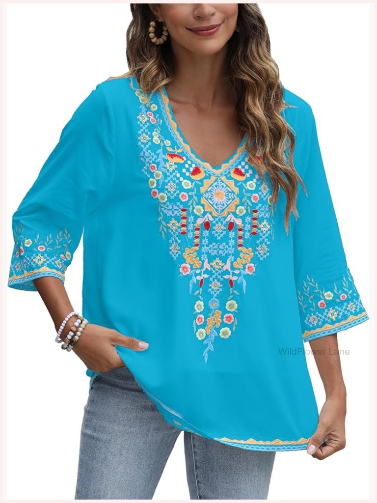 Mexican Embroidered Peasant Blouse Bohemian V Neck Tunic 3/4 Sleeve